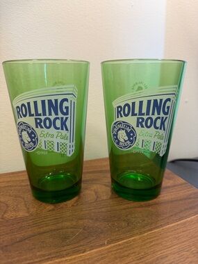 TWO Rolling Rock | Green Pint Glasses